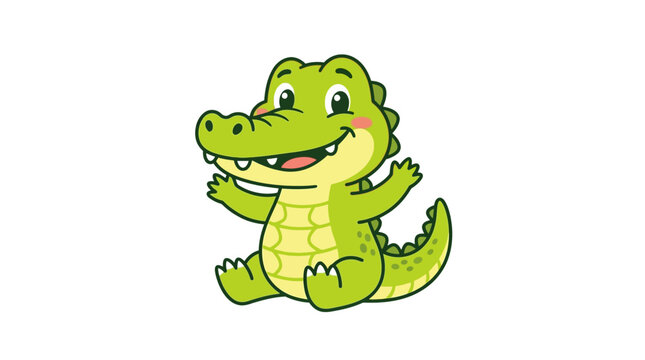 Cute cartoon alligator waving, friendly, happy, vector illustration
