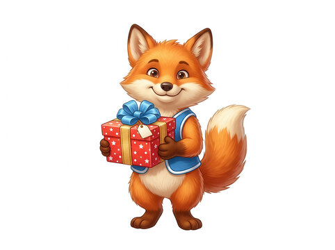 Cute cartoon fox character wearing a blue vest and holding a red gift box with a blue ribbon isolated on black white background isolated on a transparent background