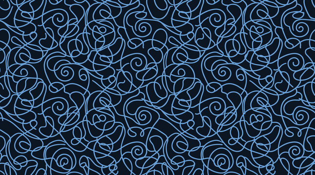 Seamless pattern of tangled blue scribble lines on a dark navy blue background texture