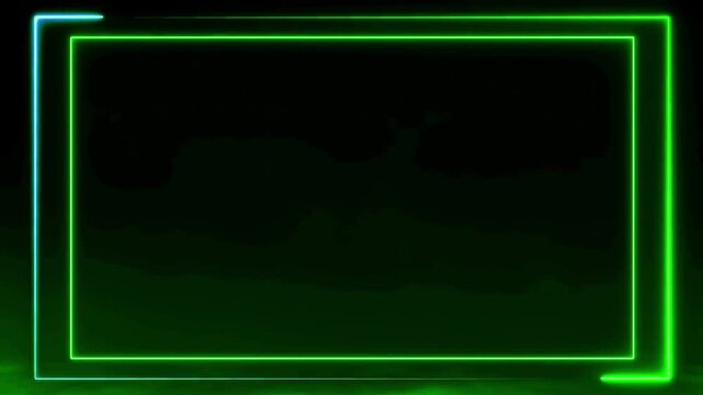 Green neon rectangular frame glows brightly with moving light lines on a dark background for border template.