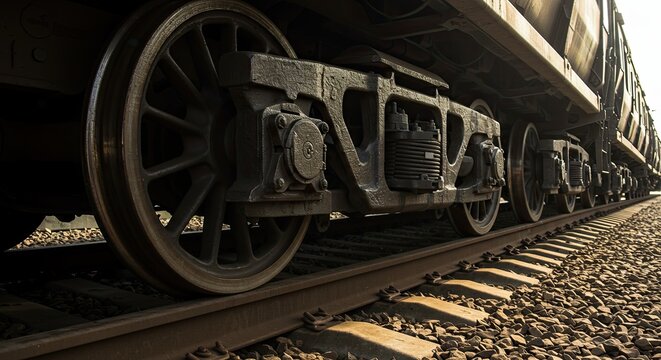 Train wheels rolling on tracks close up perspective transportation concept