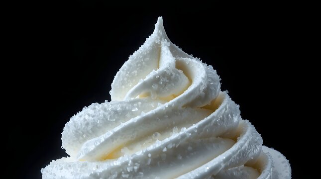 Soft Serve Swirl: A perfectly piped swirl of creamy soft serve ice cream, dusted with fine sugar crystals, sits against a stark black background, creating a simple yet elegant dessert shot.