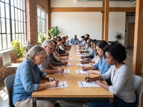 Diverse group of people sitting at a long wooden conference table focusing on a training workshop or seminar