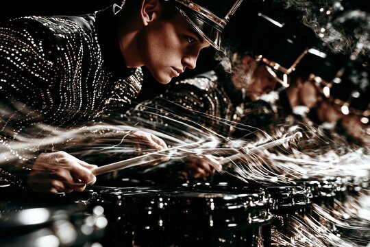 Young Male Drummer Playing Drums with Dynamic Motion Trails