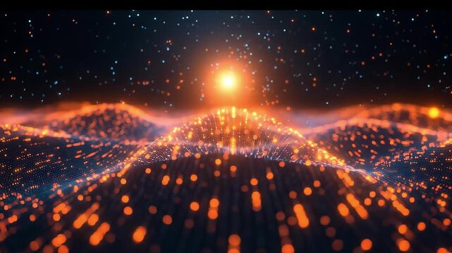 Glowing data wave with floating particle lights