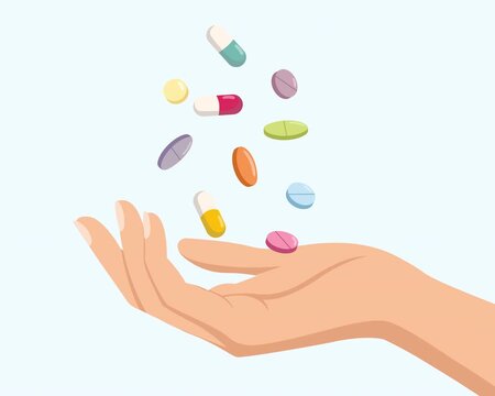 Medical pills and capsules floating above human hand loop animation, healthcare concept
