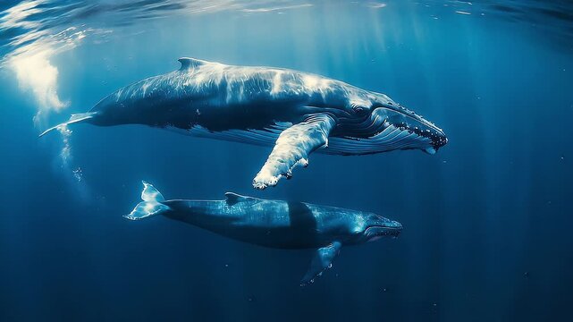 Humpback whales swimming beneath sunlit ocean surface