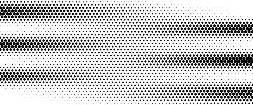 Hexagon halftone gradient texture. Abstract black grunge background. Geometric retro halftone tech overlay. Fading wavy hexagonal pattern backdrop. Vector vanishing honeycomb grunge bitmap wallpaper