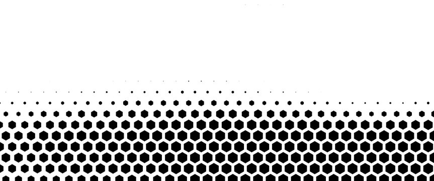 Hexagon halftone gradient texture. Abstract black grunge background. Geometric retro halftone tech overlay. Fading wavy hexagonal pattern backdrop. Vector vanishing honeycomb grunge bitmap wallpaper
