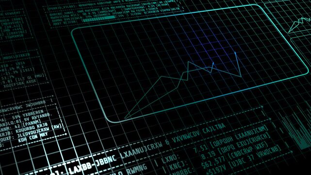 Futuristic computer terminal analyzing stock market momentum and sentiment analysis. Ideal for fintech platforms, cryptocurrency trading, and artificial intelligence financial b-roll.