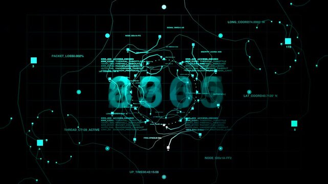 A complex digital matrix of encryption keys, network nodes, and high-tech tracking data updates rapidly. Great for cybersecurity warfare, data analysis, and advanced military tech.