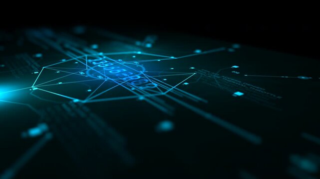 Sci-fi cyber security terminal verifying encryption codes and threat defense parameters in deep blue and cyan light. Excellent for AI programming and high-level hacking scenes.