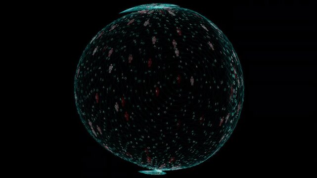 Sci-fi global communications sphere tracking digital user avatars and alphanumeric matrix code. Ideal for network infrastructure, cloud computing, and social media demography.