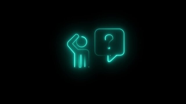 Modern neon line icon animation featuring a confused person scratching their head beside a speech bubble with a question mark. Perfect for FAQ sections, customer support, problem