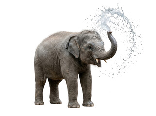 Obraz premium Young grey elephant calf spraying water from its trunk creating a splash white background, isolated on a, solid black background isolated on a transparent background