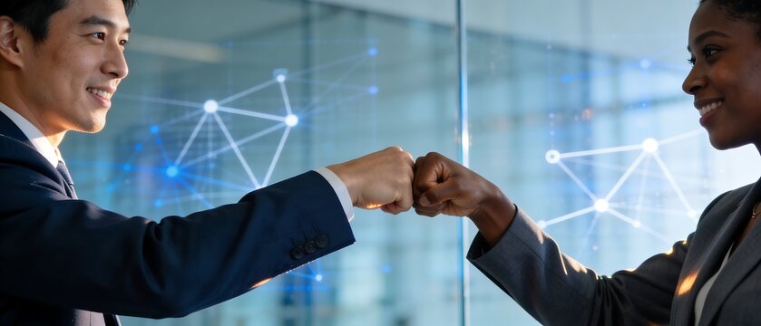 Diverse business professionals fist bumping with digital network overlay in modern office environment