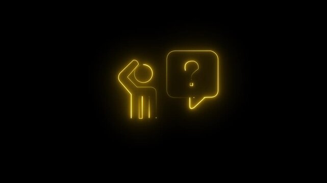 Modern neon line icon animation featuring a confused person scratching their head beside a speech bubble with a question mark. Perfect for FAQ sections, customer support, problem