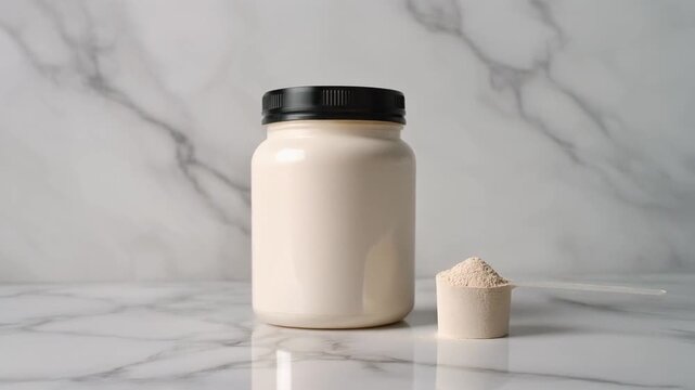 Protein Powder Container with Scoop on Marble Surface with Soft Rotating Light