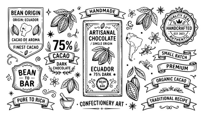 Hand drawn chocolate confectionery label elements bar wrapper bean origin cacao percent ribbon seal, black ink sketch vector illustration
