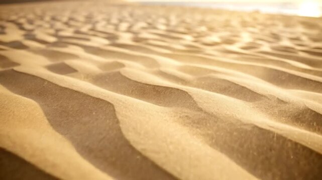 Golden sand dunes create rhythmic patterns under the warm glow of a setting sun