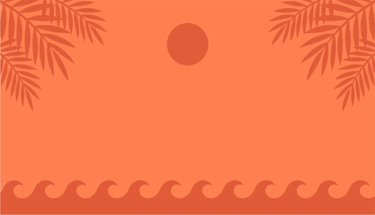 Minimal orange summer background with sun, ocean waves, and palm leaf silhouettes, perfect for travel and beach themed designs. © Ona