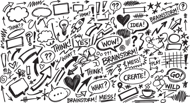 Creative brainstorming doodle art hand drawn ideas and concepts for innovation and problem solving