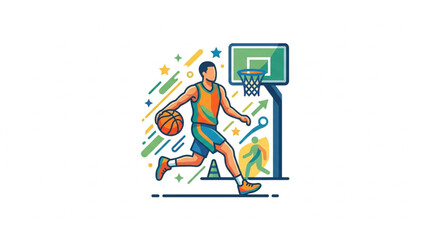 Basketball player dribbling ball near hoop during game illustration. © zada