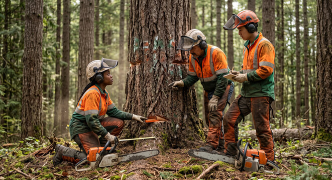 Diverse forestry workers discussing tree felling with chainsaws in forest.
