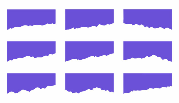 Set of nine purple banner shapes with torn ripped paper edges, ideal for text backgrounds and creative headers.