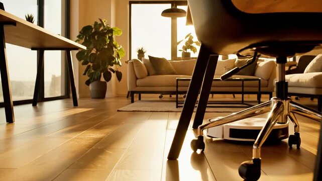 Robot vacuum cleaning sunlit wooden living room floor.
