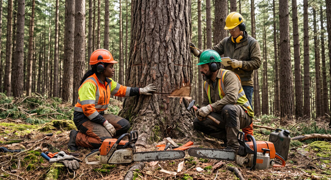 Diverse forestry workers discussing tree felling with chainsaws in forest.