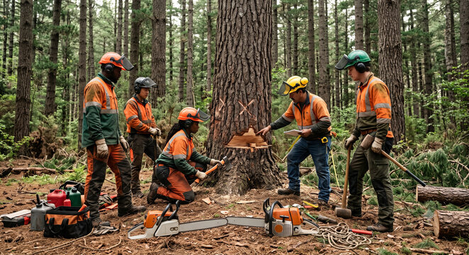 Diverse forestry workers discussing tree felling with chainsaws in forest.