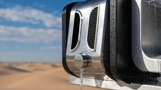 Detail shot of satellite gateway shelters exterior panel with condensation control features set against a defocused desert horizon to emphasize heat management.