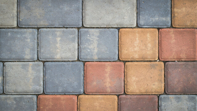 Multicolor paving stone texture. Concrete brick pavers for outdoor patio or walkway design.