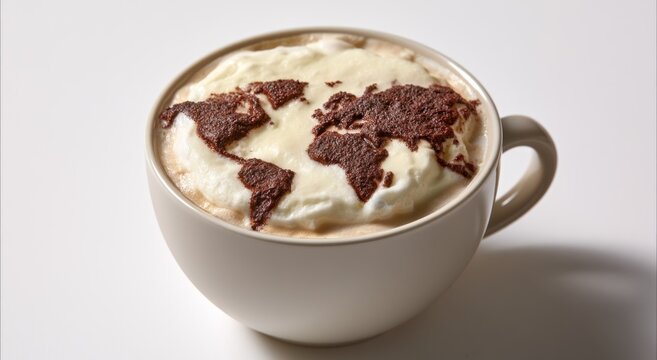 World map foam art on gourmet coffee