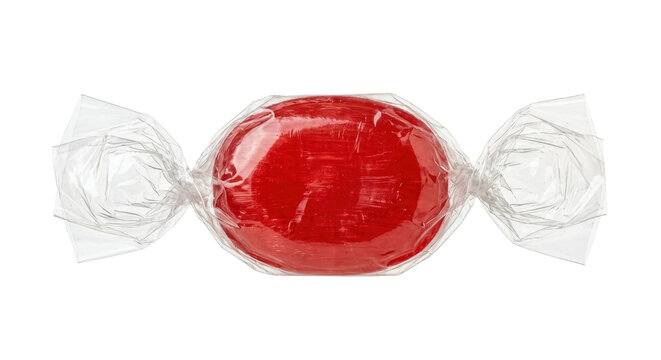 A glossy red hard candy wrapped in clear cellophane with twisted ends, isolated on a white background in a studio shot.