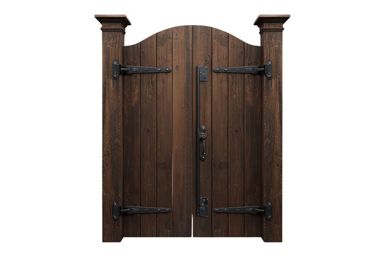 Rustic wooden gate with arch and classic iron hinges on transparent background, showing old brown wood texture