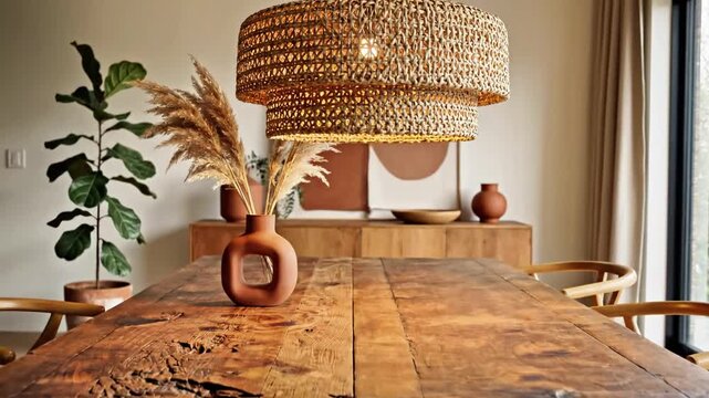 Rustic wooden dining table in stylish bohemian interior design