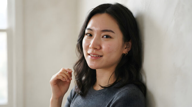 Portrait of a young Asian woman. Female model leaning against a neutral wall.