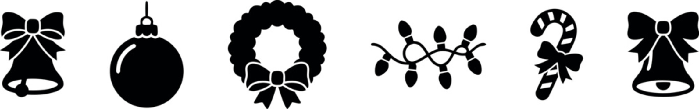 Christmas decoration icon set with bell, ornament ball, wreath, string lights and candy cane silhouette