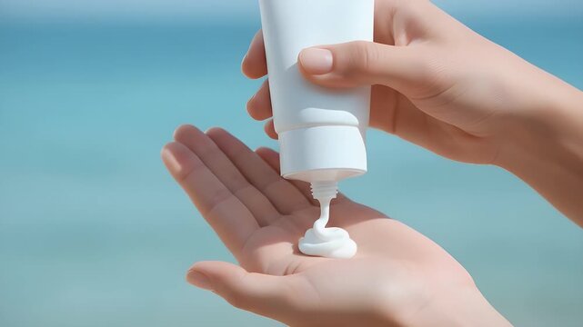 Person squeezing white moisturizing lotion from a squeeze tube into their open palm for skincare application during a sunny day at the bright blue beach