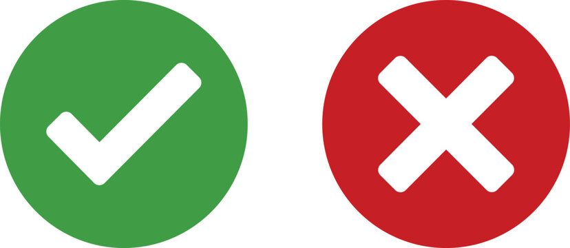 Green check mark and red cross mark symbols isolated on white background