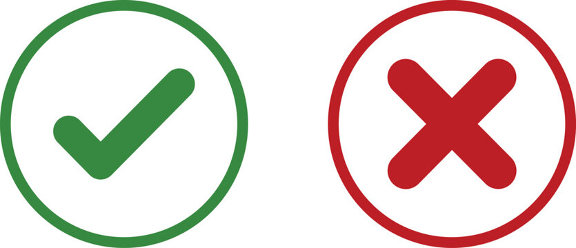 Green check mark and red cross mark symbols in circles set
