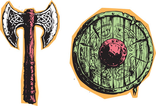 Vintage double bit axe and round shield clipart set with illustration protection isolated background medieval equipment tactical barbarian