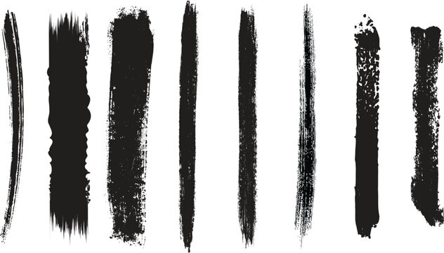 Set of black ink brush strokes and paint lines isolated on white background