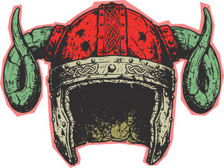 Grunge style horned viking helmet illustration sticker with illustration scandinavian isolated background mythology protection barbarian legendary detailed headgear © DewiNurina