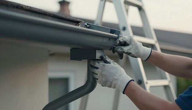 Professional worker installing metal rain gutter system on residential house exterior roofline close with protective gloves installing onto edge residential
