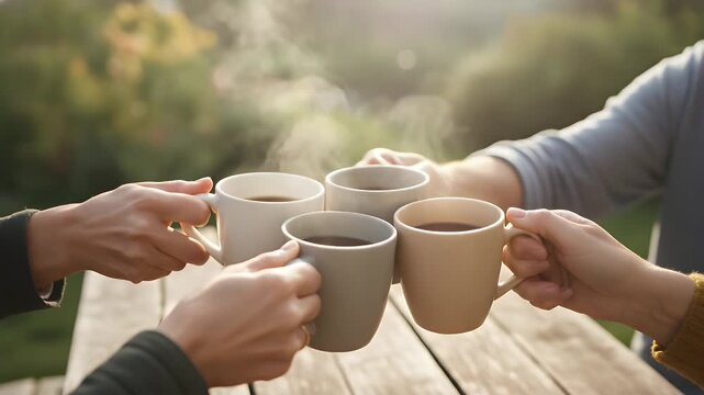 Four friends hold up warm steaming mugs of coffee for a morning toast while sitting together at a wooden table during a beautiful sunny day