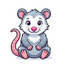Fototapeta premium Cute cartoon opossum with big eyes and a happy smile sitting on a white background, adorable animal illustration