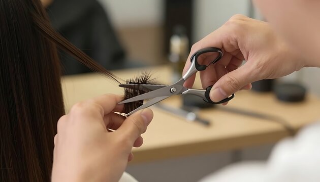 Professional hairdresser using thinning scissors for precise layering technique on long dark straight hair with perspective stylist holding displays close perspective